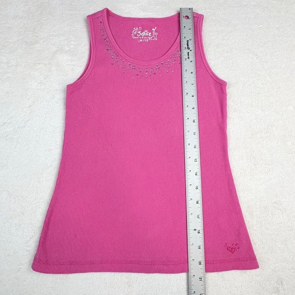Vintage Y2K Justice Ribbed Tank Girls M Hot Pink Rhinestones Kawaii Bella Swan